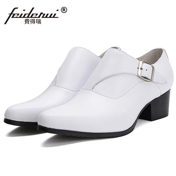 

luxury genuine leather man formal dress high heels footwear pointed toe height increasing men's handmade monk strap shoes ss95, Black