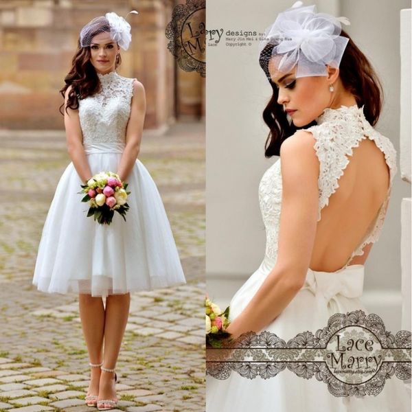 

plus size knee length high neck wedding dresses backless lace tulle bow belt a line short bridal gowns vestido de noiva ba0604