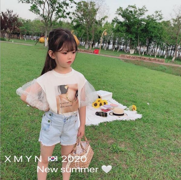 

2020 girls patchwork t-shirt cotton voile fashion summer girls 2-7t f98, Blue