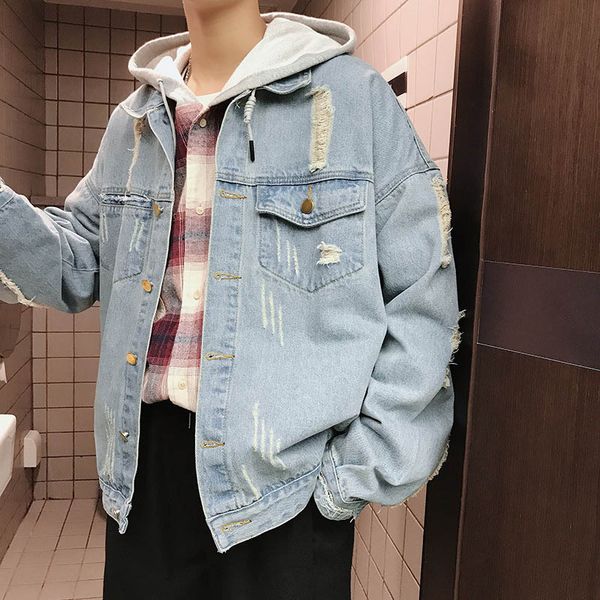 

wholesale 2020 fashion washing ripped patch denim jacket men plus size 3xl loose jacket japanese autumn handsome streetwear coat, Black;brown