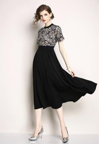 

european fashion high-end lace embroidery mid-length dress, Black;gray