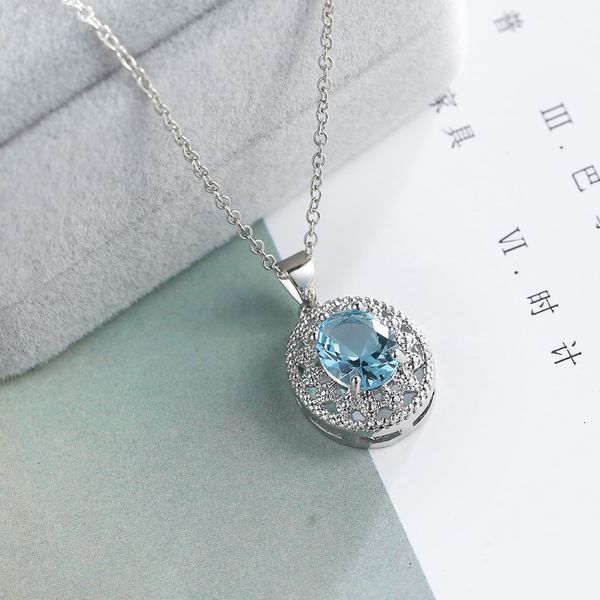 

2020 new fashion oval blue crystal necklace pendant female valentine's birthday day gift 925 sterling silver accessories