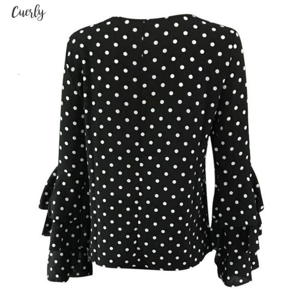 

applique women blusas polka dot print flare sleeve shirts o neck long sleeve chiffon blouse korean white black blouse