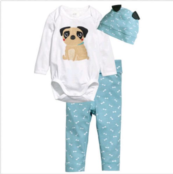 

2015 children cartoon baby boys girls sets clothes 3pcs romper hat pants, White