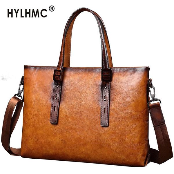 

leather briefcase men's leather business handbag 14 inch lapbag fashion casual men shoulder slung computer bag tide