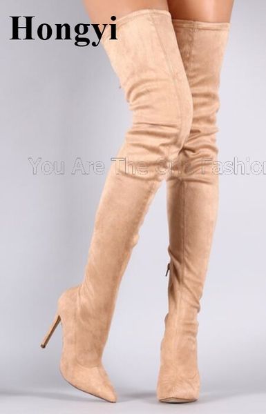 

factory offer pointed toe 10.5cm heeled thigh high ladies spring long boots women elastic stretch febric over the knee bota, Black