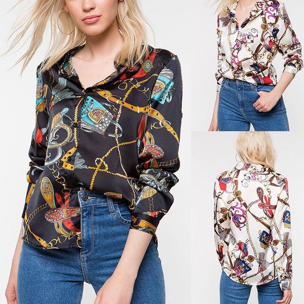 

office lady chain pattern blouse style v-neck shirt long sleeve casual, White