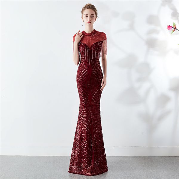 

party dresses short-sleeved sequin evening dress 2021 luxury fringed elegant host annual meeting fishtail formal mermaid gown, White;black