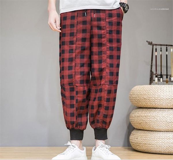 

color mid capris pants mens pocket plaid pants fashion drawstring pencil pants mens loose straight mixed, Black