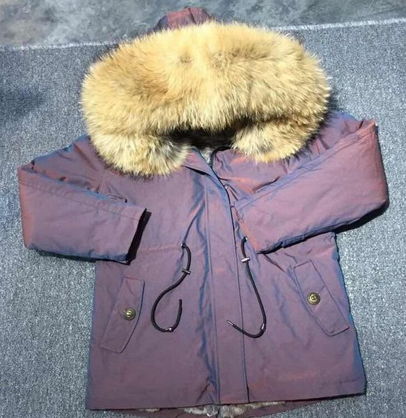 2020 marca Meifeng forro de pele de coelho marrom roxo lona mini-parkas mulheres casacos de neve marrom pele de guaxinim parka guarnição