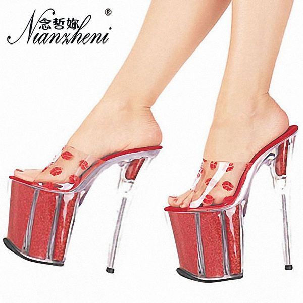 

nianzheni new 20cm high-heeled shoes lips crystal shoes slippers 8 inch lady fashion high heel exotic, Black