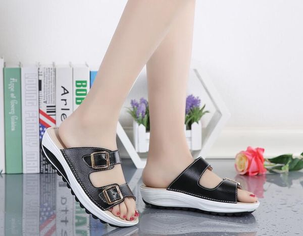 

2020 women slippers buckle real leather slides shoes solid thick sole heels beach sandals women outside flip flops summer, Black