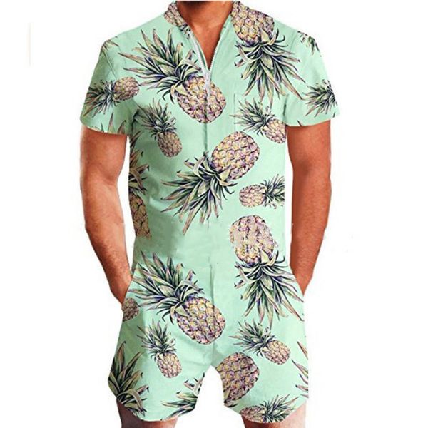 

leqemao short sleeve romper men's summer holiday casual zipper jumpsuit beach overalls funny pineapple printing, Gray
