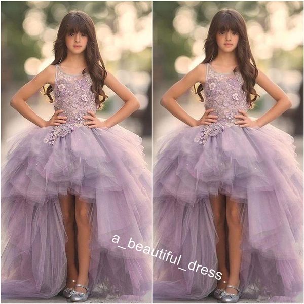 Imagem Real Lavender Low Meninas Pageant Dresses Lace Tulle bola Crianças Alta Parte Vestido Vestidos Meninas de flor Vestidos FG1306