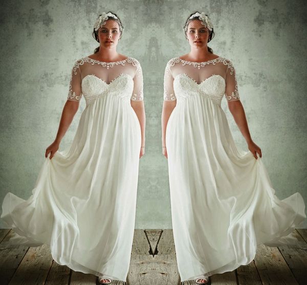 

2020 plus size wedding dresses with half sleeves sheer jewel neck a line lace appliqued bridal gowns chiffon empire waist wedding dress, White