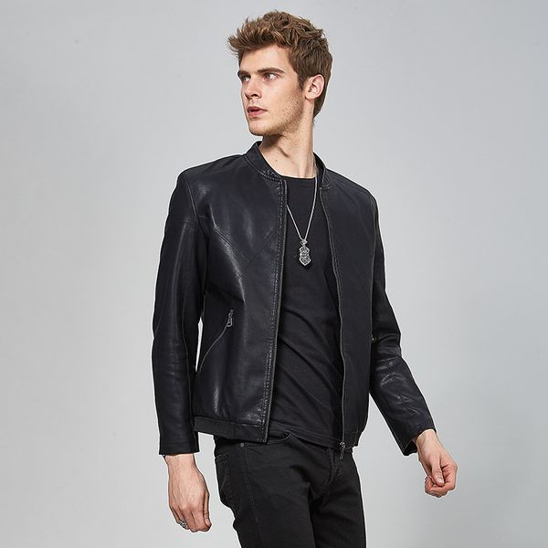 

men's fur & faux winter youth men leisure leather pu jacket cultivate one's morality locomotive suit coat collar, Black