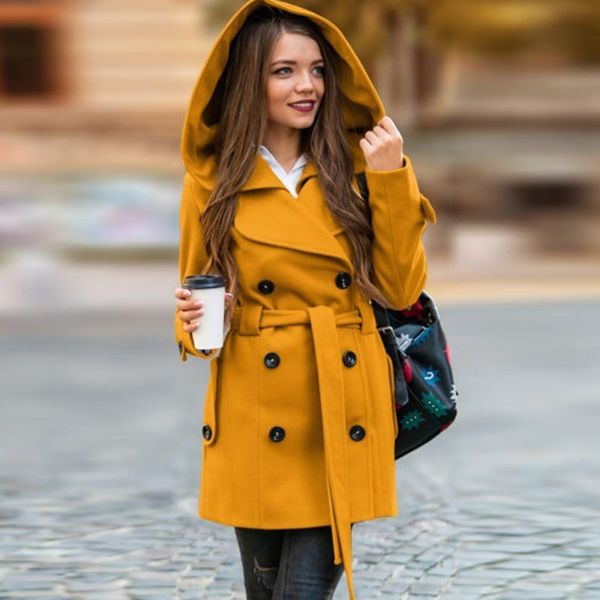 

women's wool & blends autumn winter women coats 2021 hooded woolen and jackets casual double-breasted long coat, Black