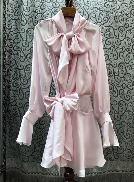 

early spring 2020 new women's neckline tie knot decoration solid color long sleeve a-line dress 1213, Black;gray