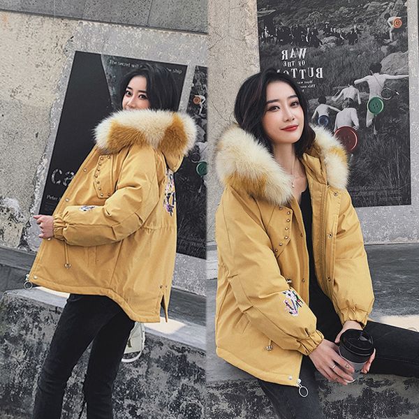 

buy big collar parker down cotton coat for women 2019 new style short rope pull warm fashion korean version overcoat, Black