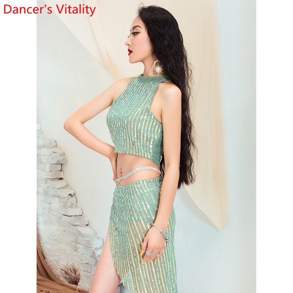 

fashion belly dance new sparkling sequin yarn short skirt set women beginners summer oriental dance training clothes, Black;red