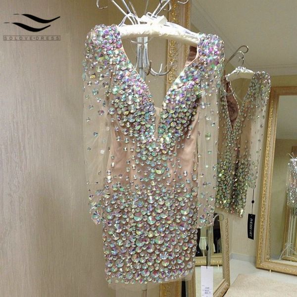 

long sleeve new summer shining mini short beaded v-neck women special occasion cocktail party dress robe de cocktail, White;black