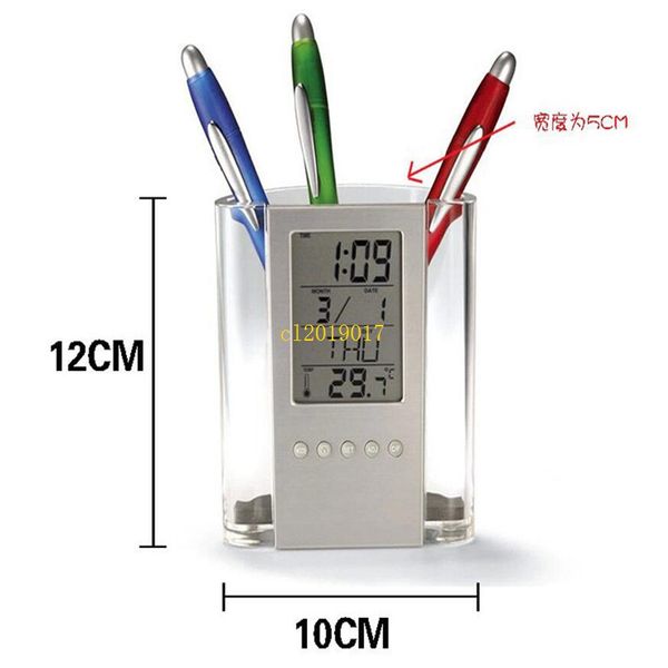 Бесплатная доставка Многофункциональный держатель ручки Настольный Прозрачный Будильник Электрический Цифровой Ручка Карандаш Ваза Держатель Организатор Украшения
