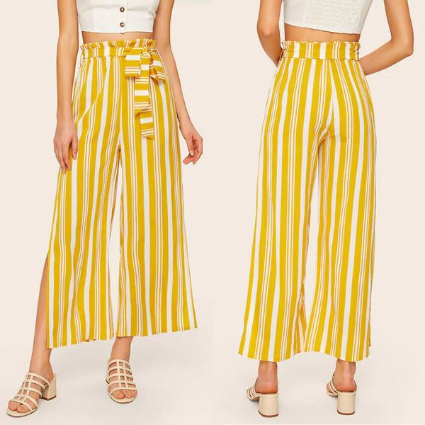 

women summer fashion holiday vacation beach striped wide leg pants elastic waist slimmer work casual loose long trouser, Black;white