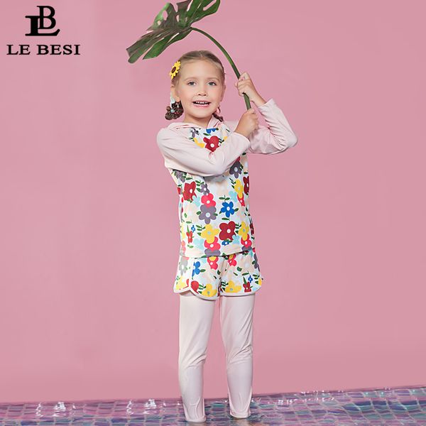 

lebesi 2018 girl swimsuit children two piece long pants surfing swimwear print flower beachwear long sleeve bathingsuit with cap
