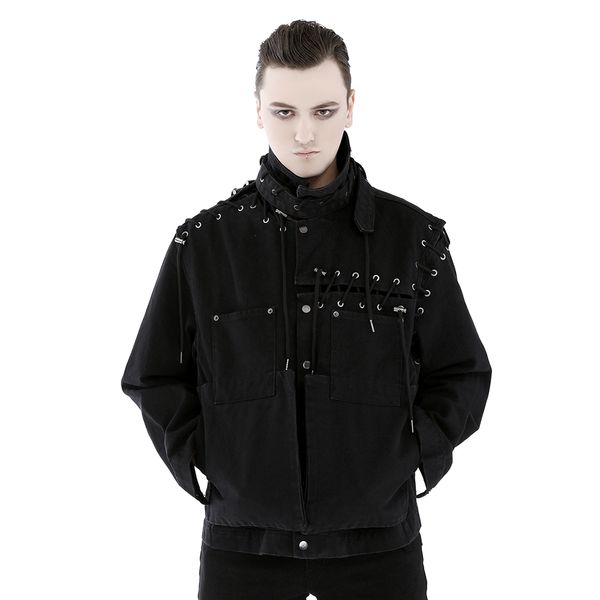 

punk men tassels casual jacket lapel neck loose cross straps asymmetric black jacket long sleeve coat, Black;white