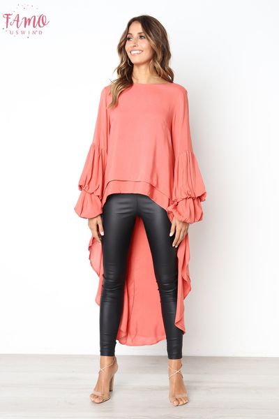 

women lantern sleeve front short back long high neck loose long sleeve asymmetrical tunic lady casual fishtail shirt d30, White