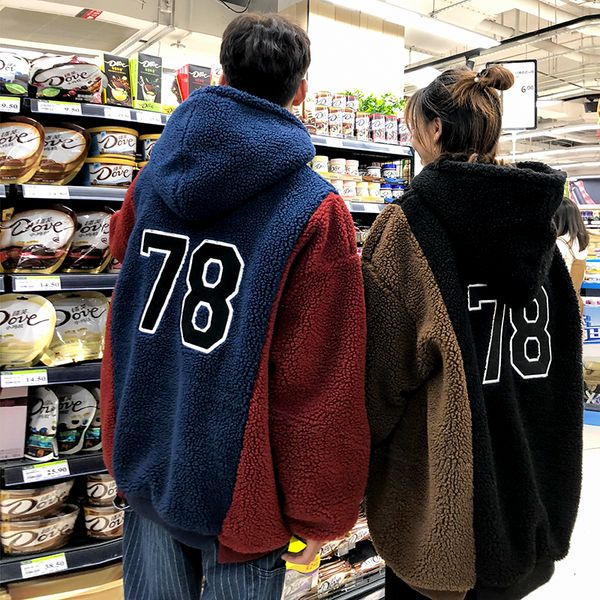 

winter new lamb hair jacket men's warm thick fashion parka men cross color casual hooded coat street wild loose cotton coat, Black