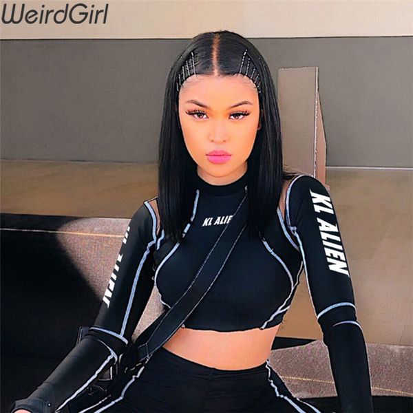 

weirdgirl women t-shirts letter print skinny slim o neck long sleeve short ladies clothes fitness sporting tees running, White
