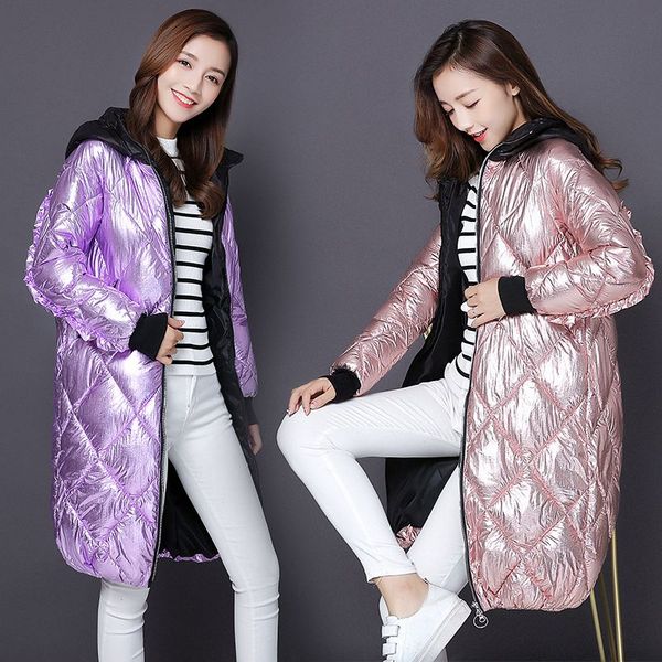 

fashion metal golden silver bright hooded jacket coat women's winter warm cotton padded long parkas new bomber streetwear parka, Tan;black