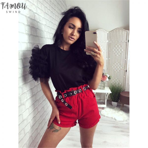 

женщины лето тюль кружева рябить короткие сетки puff рукавом футболка женская сними повседневная круглый воротник леопардовый топы футболку, White