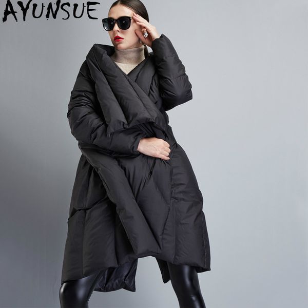 

ayunsue 2018 new duck down jacket women cape cloak long coat women's winter jacket ladies coats parka feminina veste femme kj610, Black