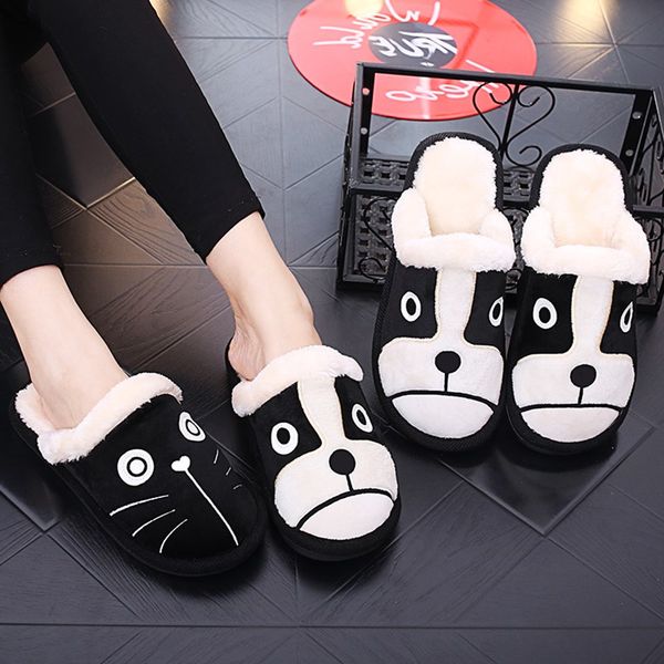 

cartoon dog cat women winter home slippers 3d embroidery non-slip warm men women boys girls house shoes indoor bedroom slippers, Black