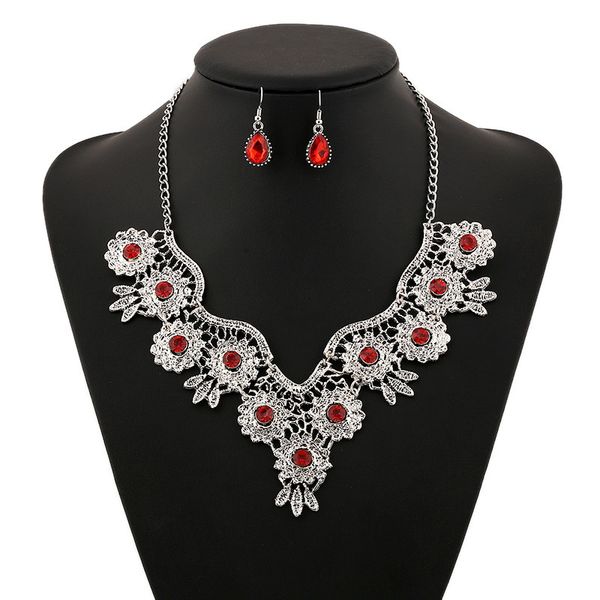 

luxurious exaggerated hollow flower inlay crystal pendant necklace earrings women wedding bridal charms jewelry sets, Silver