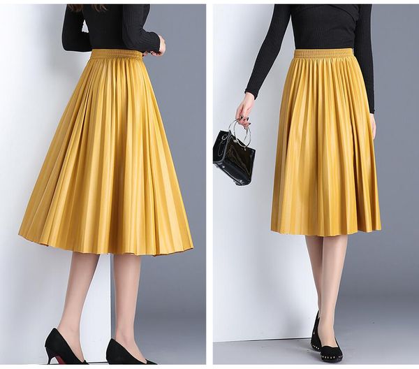 

designer leather skirt new 2019 pu accordion pleated skirt spring new style high waist faldas largas elegantes ing, Black