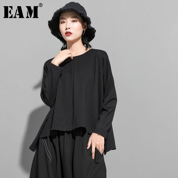 

eam] women back zipper split big size asymmetrical t-shirt new round neck long sleeve fashion tide spring autumn 2020 1r834, White