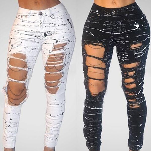 

ripped jeans for women 2019 new mid-waist hole chain jeans paint pants skinny destroyed pants hole trousers stretch g3p7, Blue