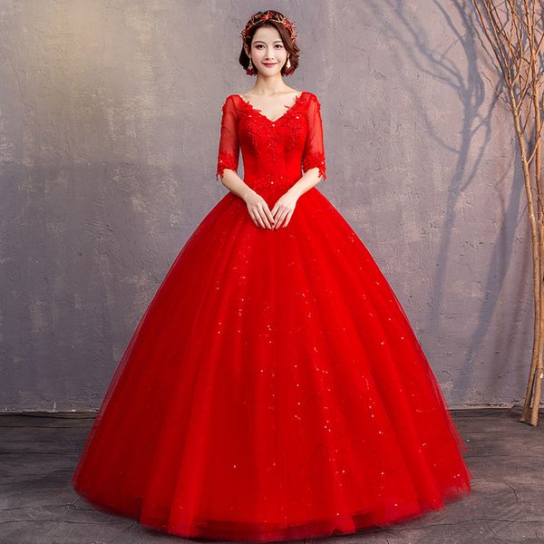 

wedding dress 2019 new style korean style shoulder half-sleeve shirt v-neck large size slim fit slimming simple red wedding dres