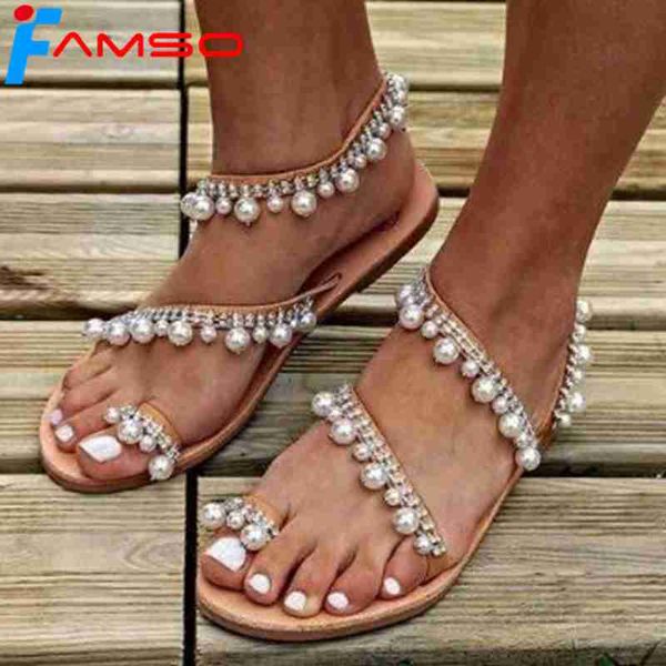 

famso 2019 luxury style rhinestone pearl slip-on women sandals beading fringed lady flats sandals clip-toe flip-flops summer, Black