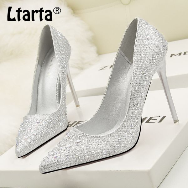 

ltarta sweet and elegant banquet shoes stiletto high heel shallow mouth thin pointed diamonds rhinestone wedding shoes women zwm, Black