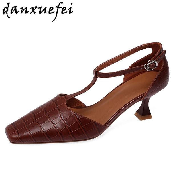 

women's genuine leather thin high heel t-strap sandals elegant ladies evening dress pumps square toe ankle strap summer shoes, Black