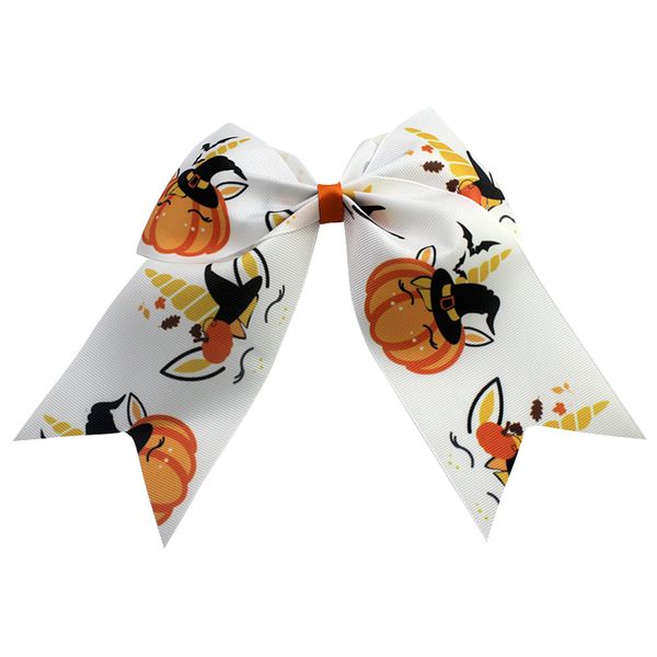 

7 inch new halloween hair bows beautiful girl handmade elastic hair bands pumpkin cheer bows polyester ribbon kids girls accessories, Slivery;white