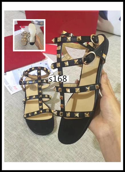

brand original box women leather stud sandals t-strap sandal summer rivets shoes ladies party shoes 6color, Black