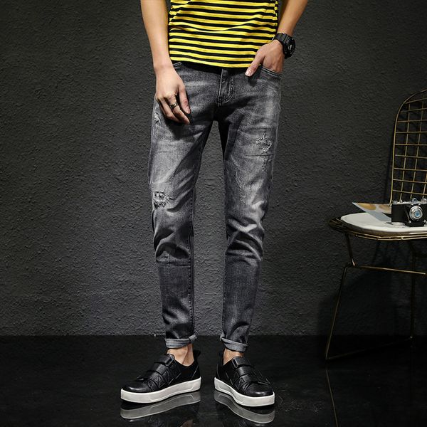 

summer new men's jeans hole slim stretch thin feet pants fashion korean style straight men's trousers, Blue