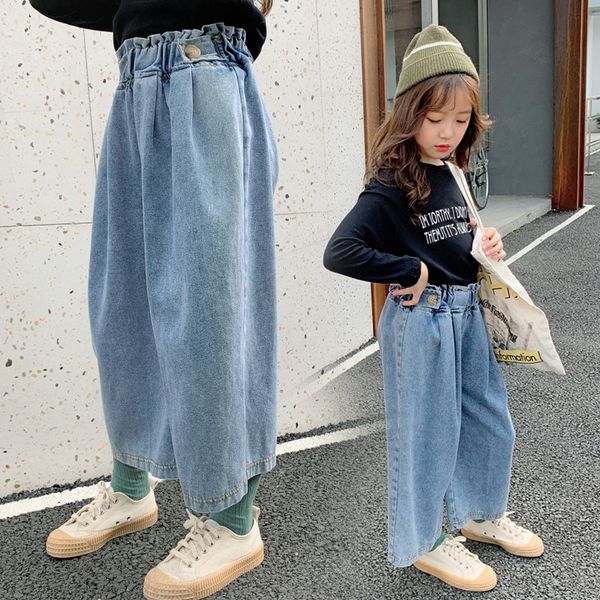 

children's clothing 202 early girl and wide leg pants jeans medium and large children's flower bud waist jeans wide leg pants, Blue