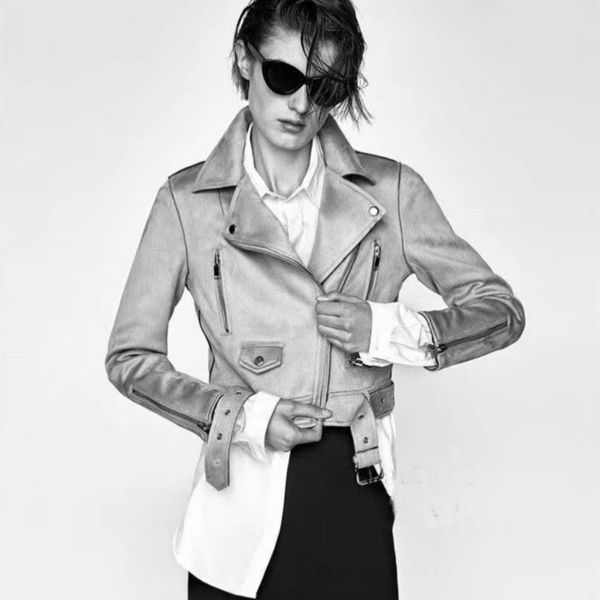 

2018 new autumn winter women soft suede faux leather jackets and coats lady matte biker zippers belt black yellow outerwear