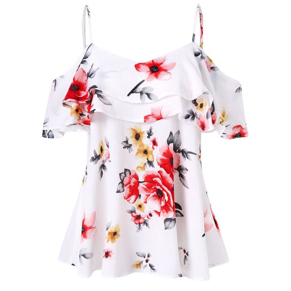 

zerotime #401 2019 fashion women floral printing off shoulder shirt sleeveless vest tank blouse summer eleganting, White